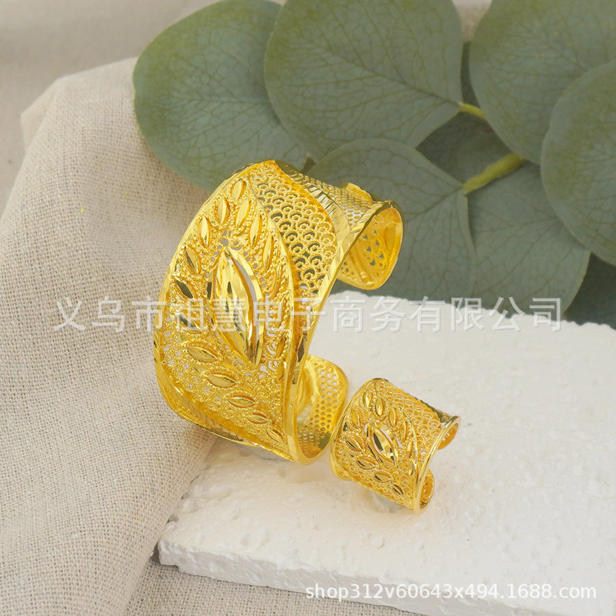 Middle eastern dubai luxury round adjustable gold plated women's bracelet and ring handmade jewelry wedding gift