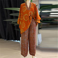 European and american women's clothing  summer new sweet and fresh printed v-neck batwing sleeve high-waisted straight-leg pants two-piece set
