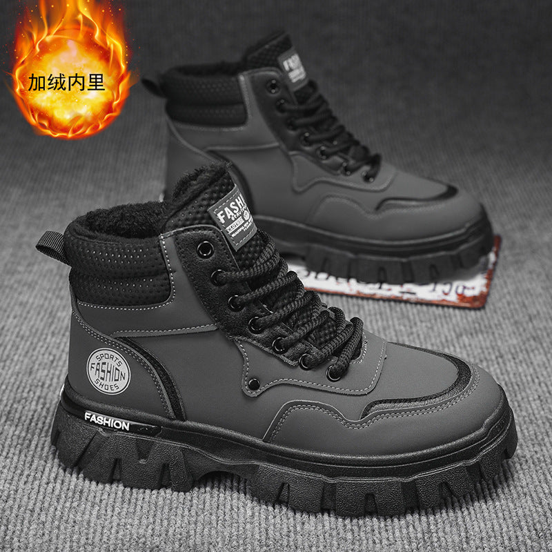 Men's winter fleece-lined thickened martin boots - trendy, versatile work boots, slip-resistant, wear-resistant, thick-soled, waterproof men's boots