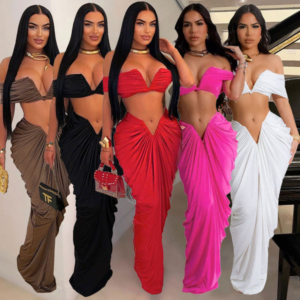 S10642 hot sale, European and American sexy, sleeveless tube top elastic tight mopping pleated skirt two-piece set