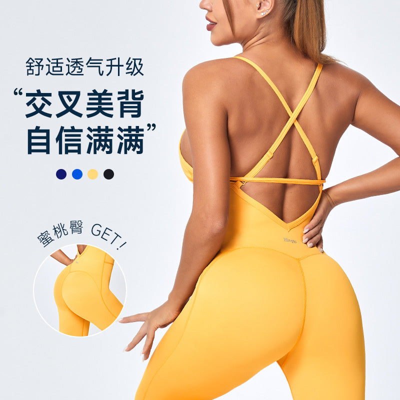 Influencer-style criss-cross strap bodysuit yoga outfit - sexy, quick-dry, full body workout suit for women - butt-lifting aerial yoga apparel