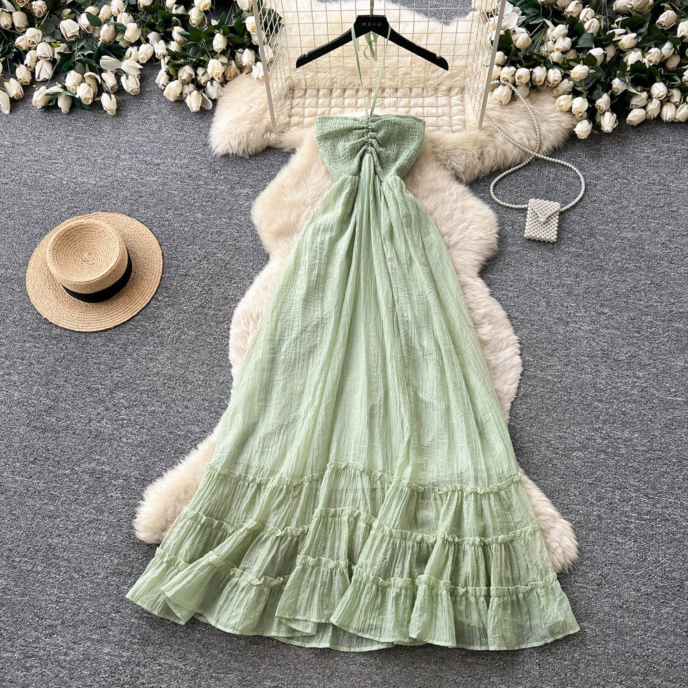 Vacation style haltersense of designdressfemalesummerpinkhigh waista-line long skirtatmosphereelegant skirt