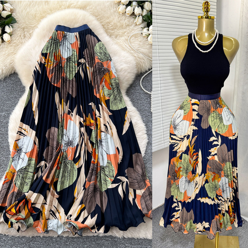 Vintage print pleated elastic waist fashion skirt - women's high-waisted a-line skirt - commute-friendly, flowy maxi skirt for summer
