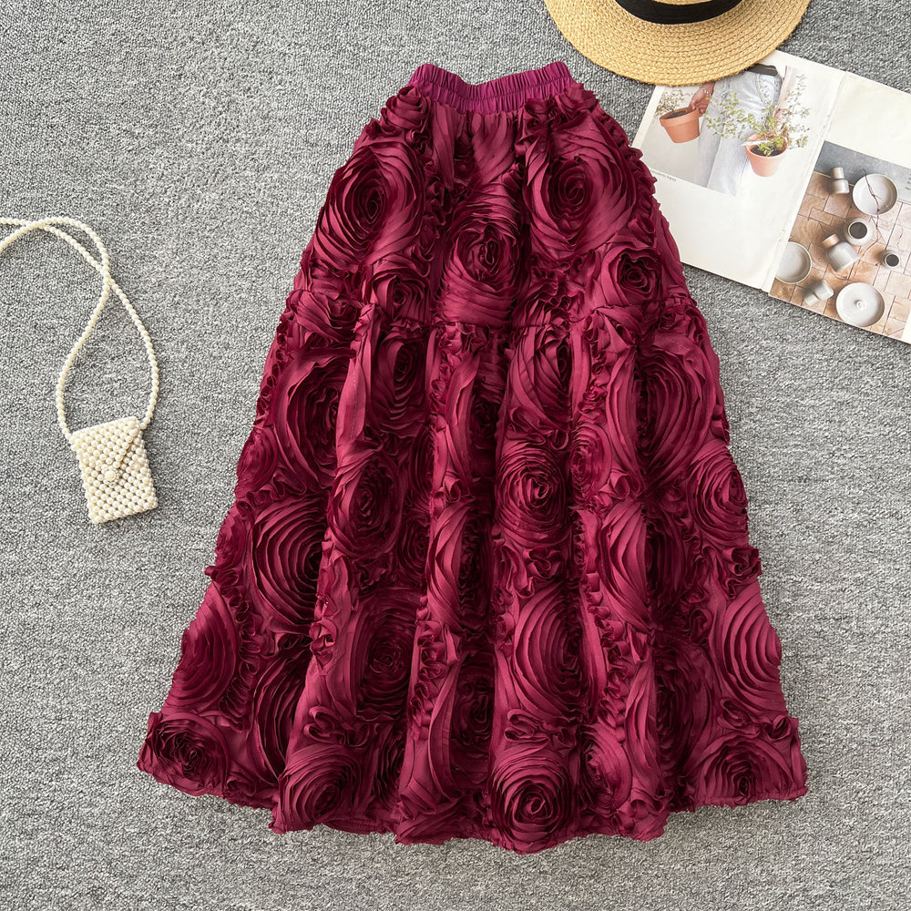 French chic floral midi skirt - high-waisted, slimming a-line design for women's spring collection