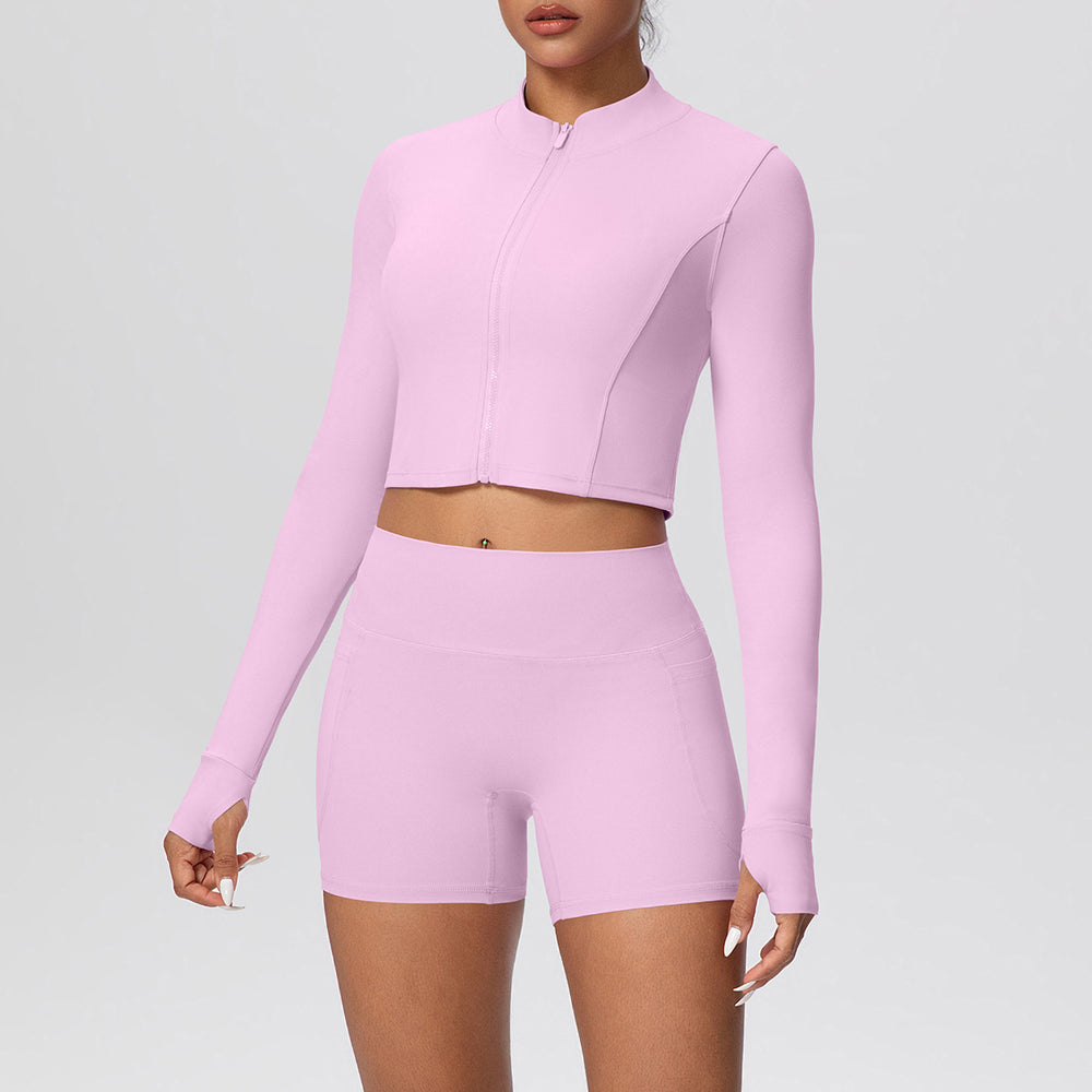Cloud-feel outerwear short zip-up jacket with butt-lifting pocket shorts, a form-fitting activewear yoga set for women, perfect for running and fitness