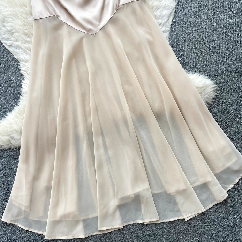 French riviera style sleeveless satin one-shoulder dress - women's summer high-waisted patchwork elegant maxi dress