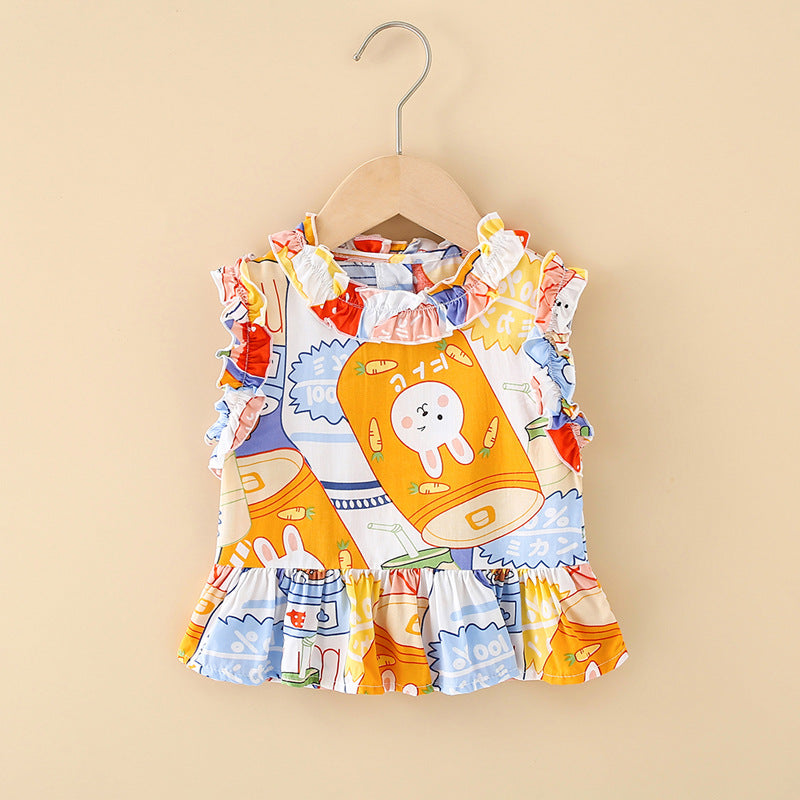 Girls' cotton rayon top - cartoon print, loose-fit, breathable, cute summer lightweight pajama set with lace trim