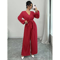 Real shot export1688fashion puff sleeve v neck tie waist pleated wide leg jumpsuit
