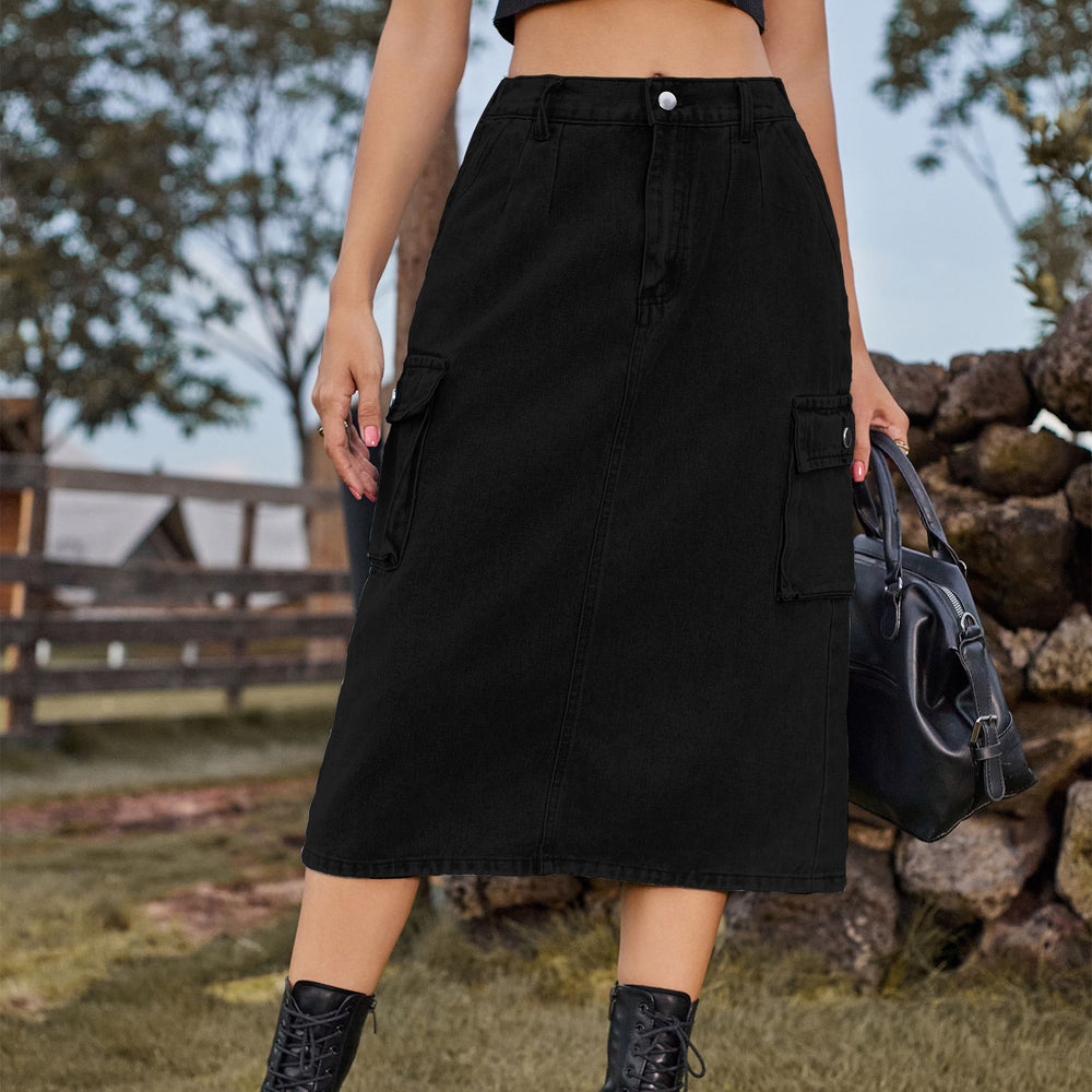 European and american cross-border e-commerce   new versatile slimming workwear washed denim midi skirt for women