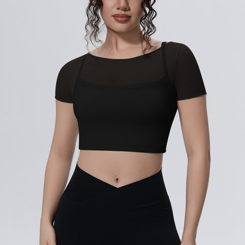 New arrival: solid color mesh double-layer breathable faux two-piece short sleeve top - perfect for casual wear, sports, running, fitness, and yoga