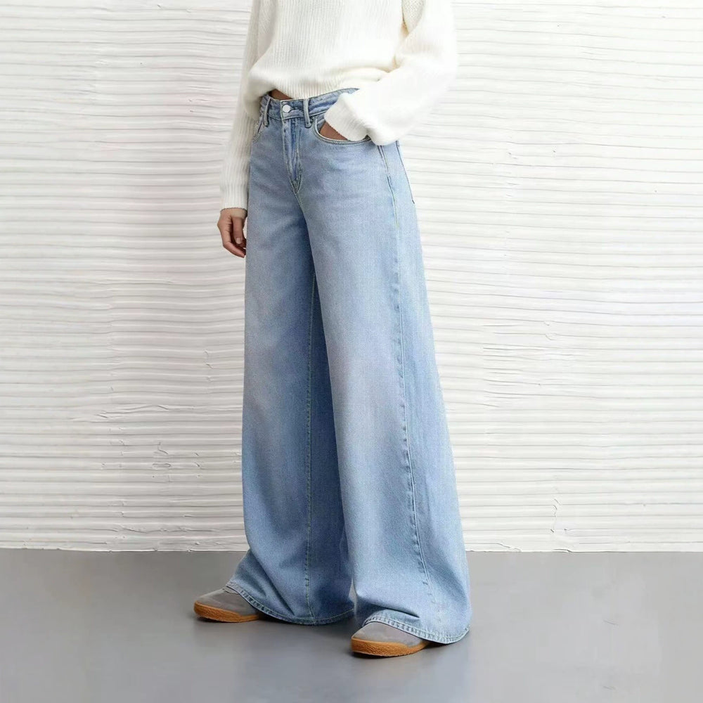 Fashion style light blue washed denim pants women's button front flap pocket pants high waistloose pantsslimming lookmopjeans