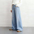 Fashion style light blue washed denim pants women's button front flap pocket pants high waistloose pantsslimming lookmopjeans