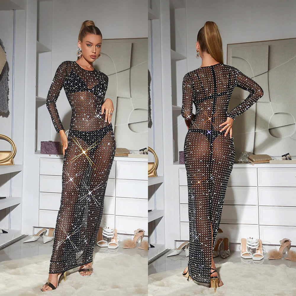 C6505 cross-border   fashion women's solid color mesh rhinestone long sleeve maxi dress