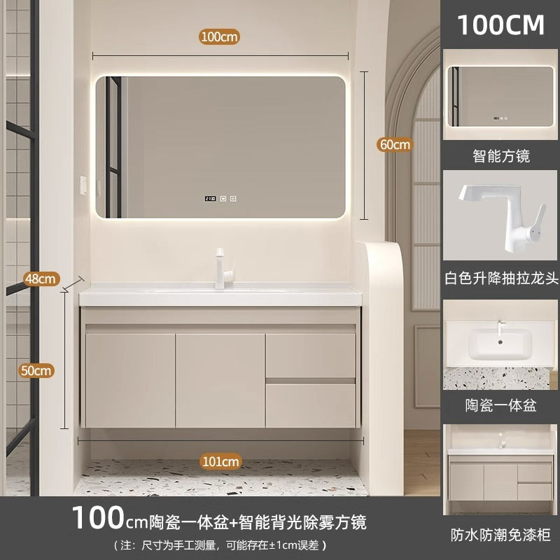 Ceramic all-in-one basin bathroom combination solid wood bathroom wash basin wash basin wash basin cream style