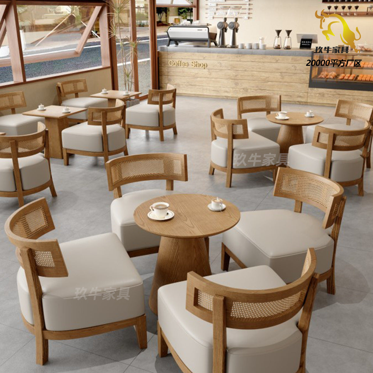 Customized wabi sandy wind woven rattan cafe tables and chairs dessert shop catering shop milk tea shop solid wood negotiation leisure area tables and chairs