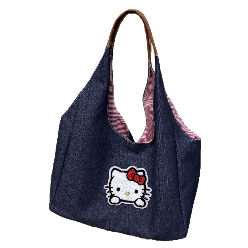 2025 new cartoon kitty denim large capacity tote bag - minimalist shoulder bag, versatile commuter handbag