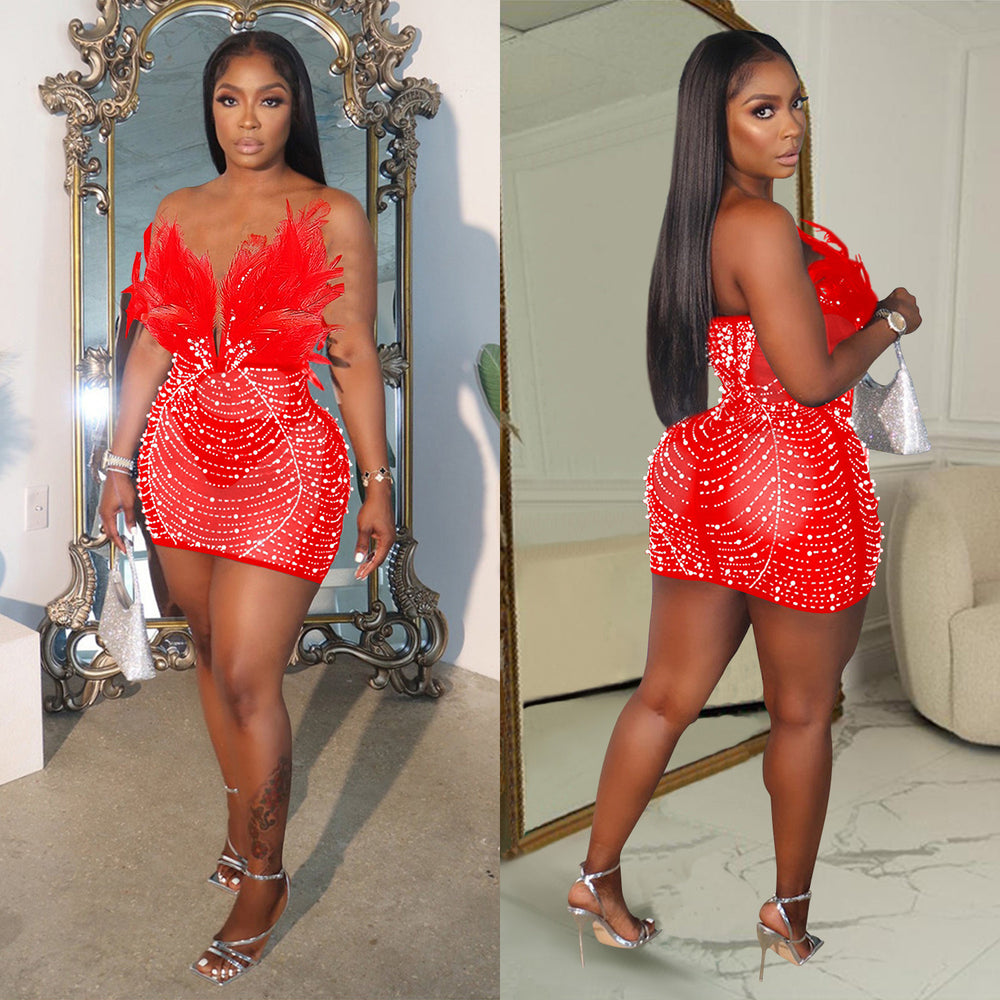 C6669 cross-border   fashion women's solid color mesh rhinestone feather mini skirt dress