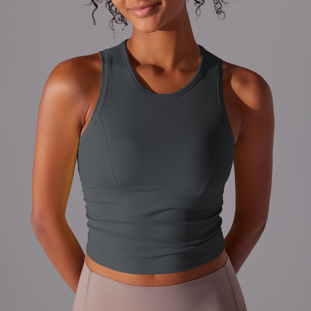 New double-sided nylon solid color slim-fit tummy control crew neck sports tank top running fitness yoga long sleeve top for women