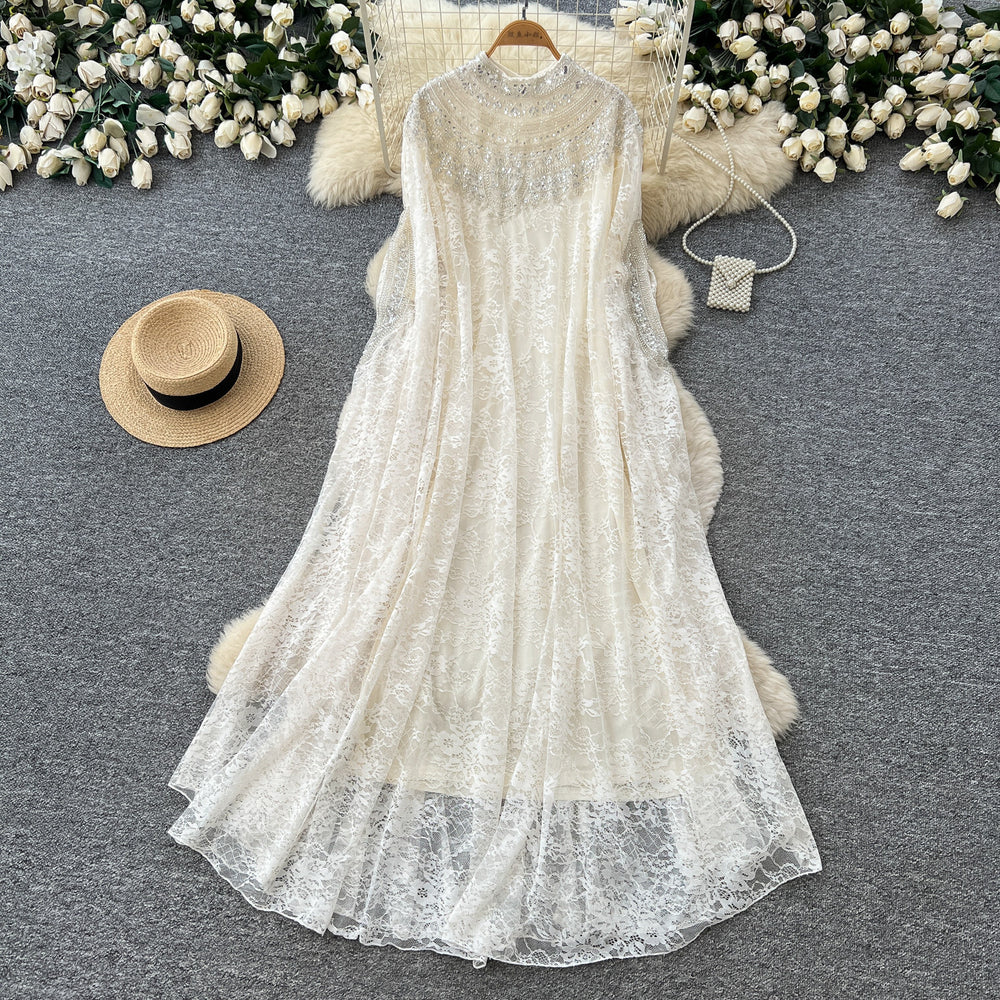 Classy sense outer wear heavy work embroidered beads sequinlacedress women's autum light mature style elegant large version skirt blouse skirt