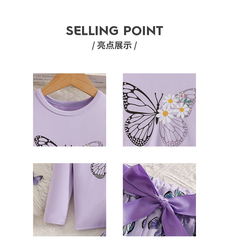 girls' autumn outfit: purple long-sleeve top with butterfly print and belted pleated pants - two-piece set for kids