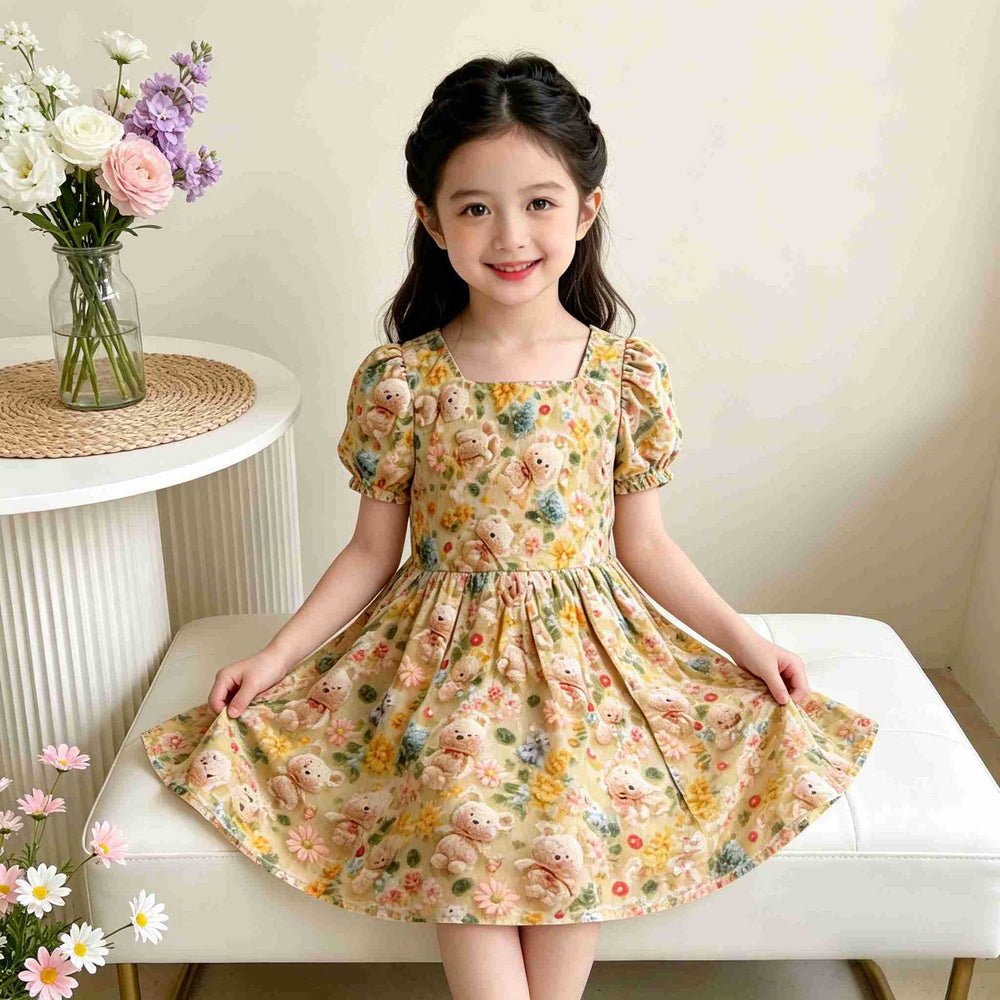 【matching family outfit】girls' summer dress - sweet floral print, stylish square neck, short sleeve princess dress for little girls