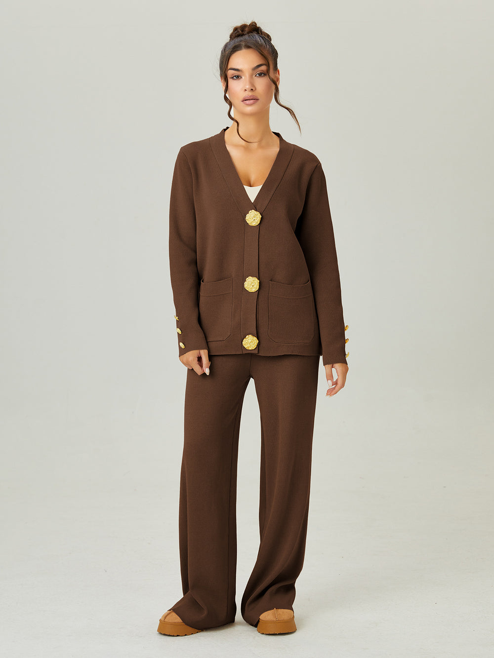 Premium chanel-inspired two-piece set for women: versatile knitted cardigan with metal button detail and casual pants - perfect for autumn and winter