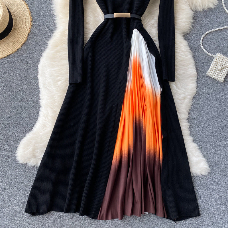 French hepburn style elegant knit patchwork gradient pleated slim-fit waist-defining maxi dress - new autumn collection for women