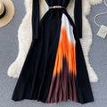 French hepburn style elegant knit patchwork gradient pleated slim-fit waist-defining maxi dress - new autumn collection for women