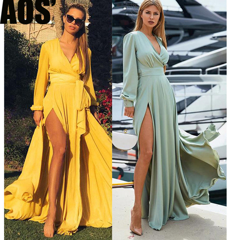 summer new arrivals: european and american style women's deep v-neck elegant patchwork slit maxi dress - solid color