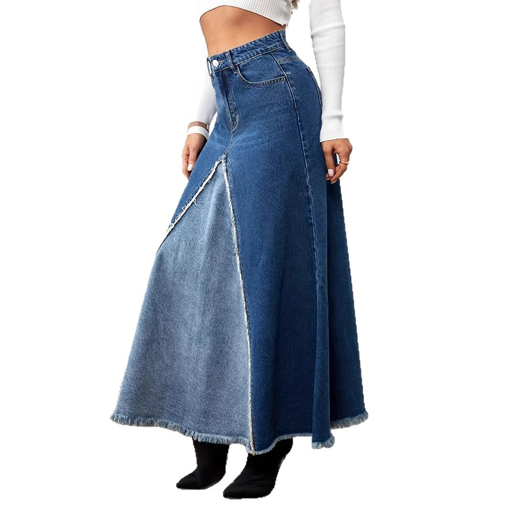 European and american patchwork midi skirt  new arrival - hot selling export raw hem denim skirt - washed slit denim midi skirt