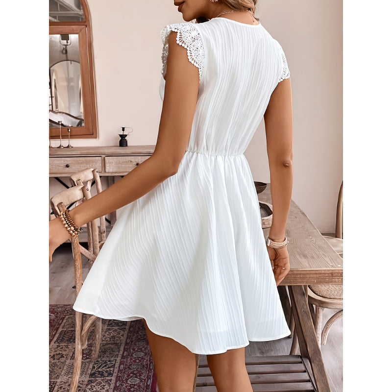 code new arrival  women's original deep v lace patchwork white dress