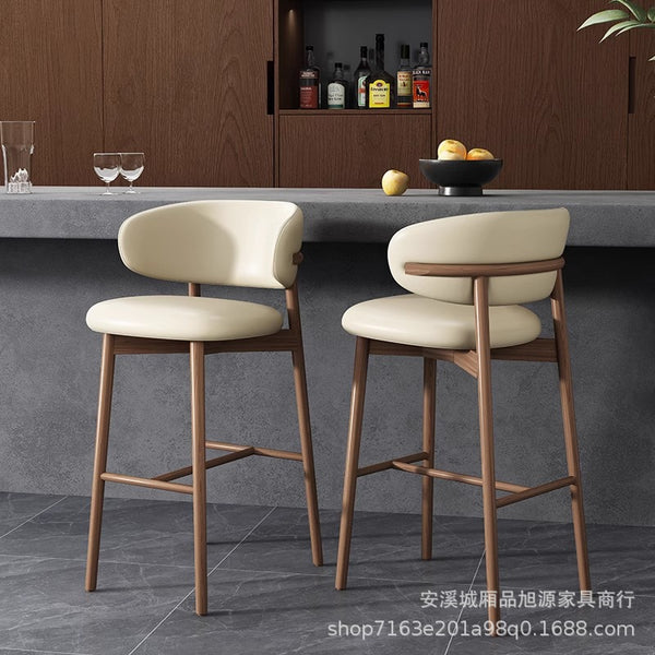 Nordic designer ash wood bar chair household light luxury solid wood high stool simple backrest leather coffee bar chair