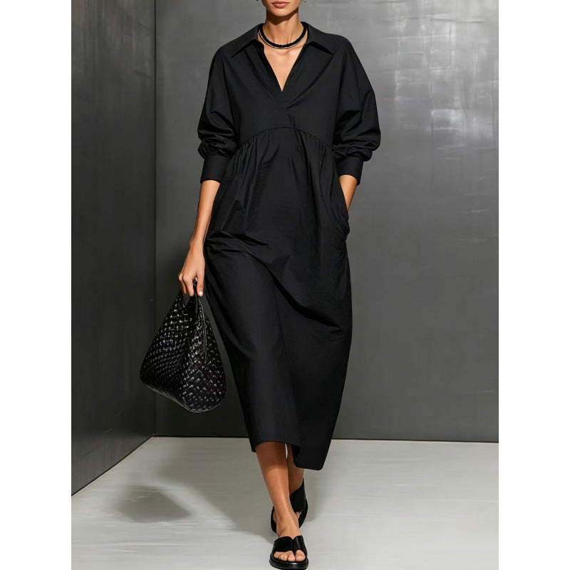 new european and american cross-border style: solid color, loose-fit, long-sleeve shirt collar pocket dress