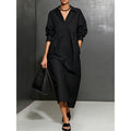 new european and american cross-border style: solid color, loose-fit, long-sleeve shirt collar pocket dress