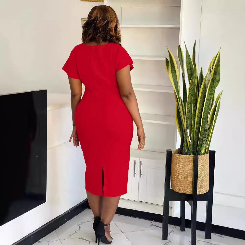 BN352   European and American women's clothing, 's new model, solid color nail-drilled round neck rear split dress