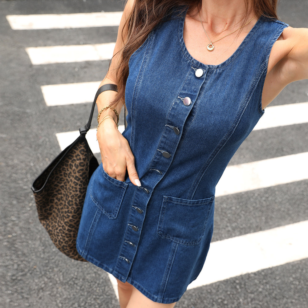 Fashion cross-border export round neck sleeveless multi-button double flap pocket pants design silmslimming look daily work clothing short denim skirt