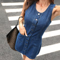 Fashion cross-border export round neck sleeveless multi-button double flap pocket pants design silmslimming look daily work clothing short denim skirt