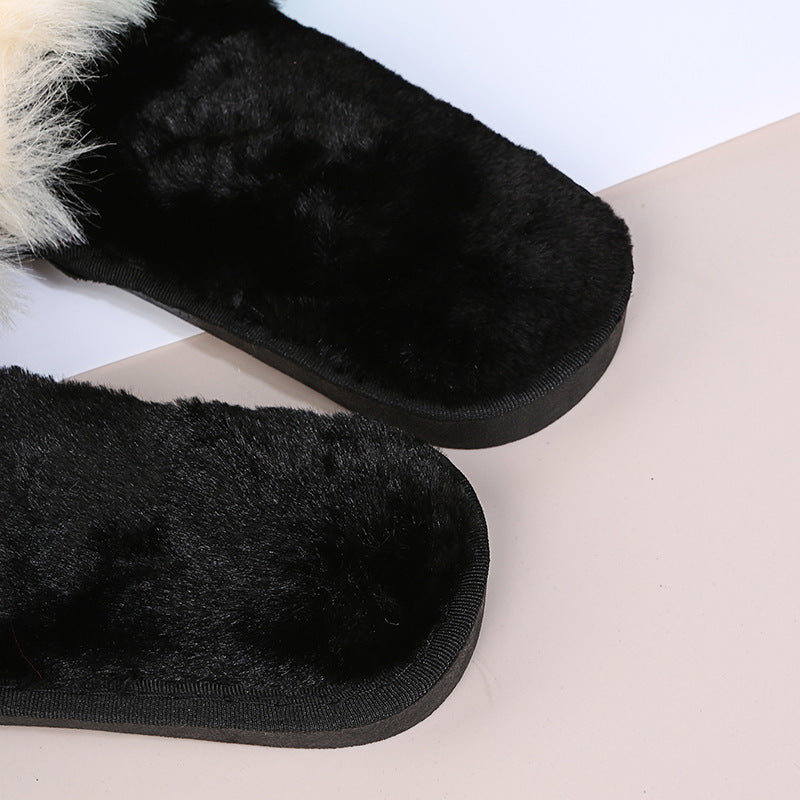European and american style 2024 autumn/winter plus size color block thickened flat slippers, celebrity-inspired fuzzy slippers for women