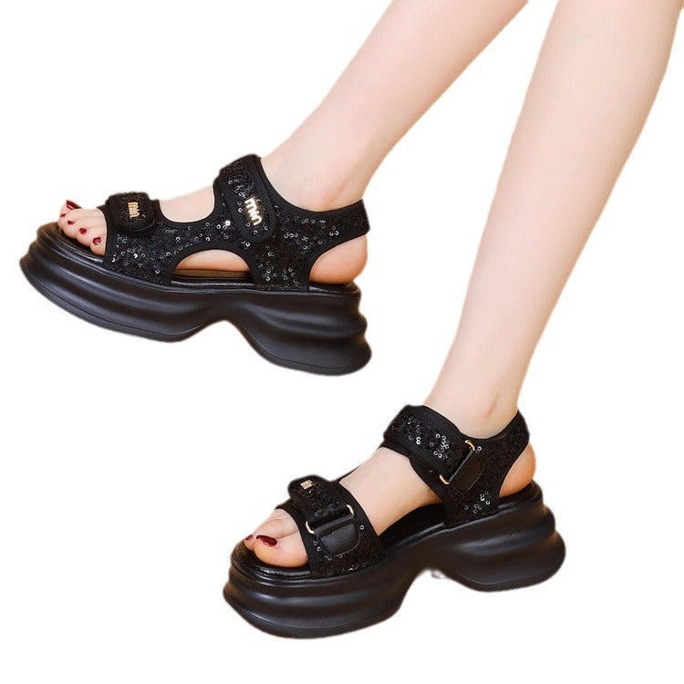 Women's athletic sandals - 2026 summer new arrival: height-increasing, chanel-inspired, sweet & spicy, velcro closure, sequined, casual chunky sole beach sandals