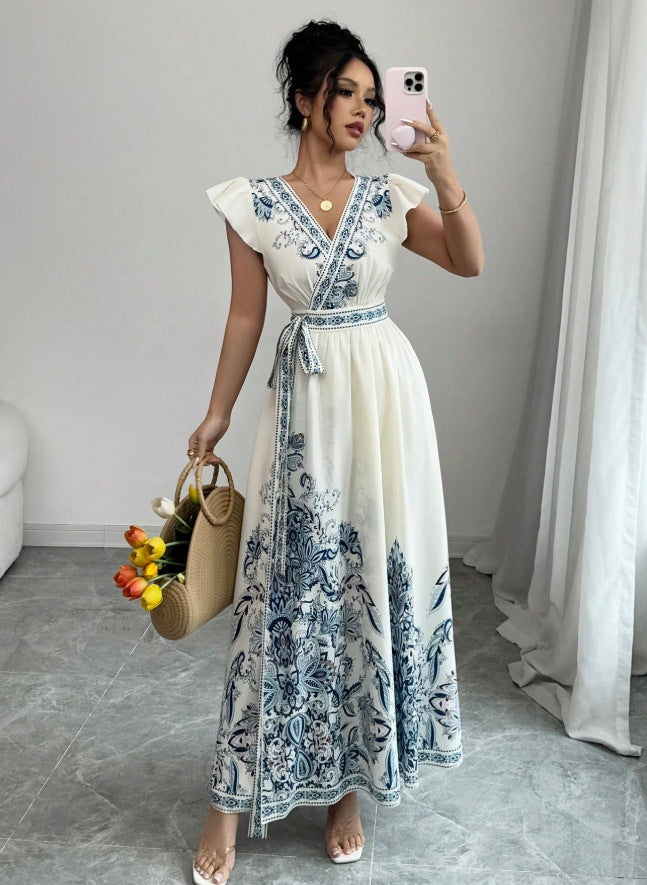 european and american cross-border new summer v-neck fitted patchwork dress