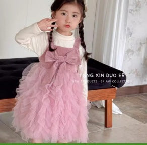 Girls' dress  autumn new style chic bow princess dress high-end black little girl sweet two-piece set