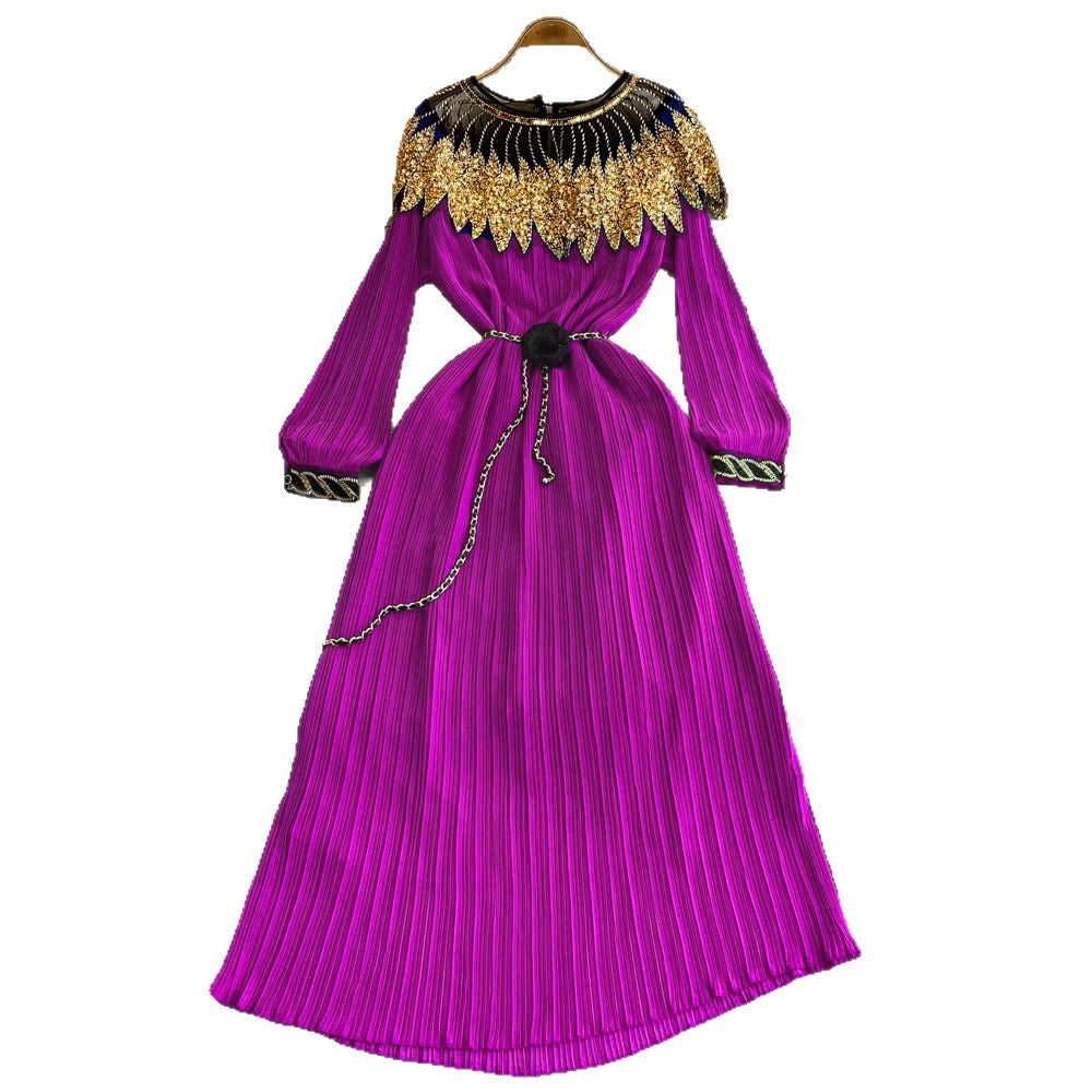 Miyake cross-border heavy industry sequin cloak patch waist pleated loosedress pleated long skirt