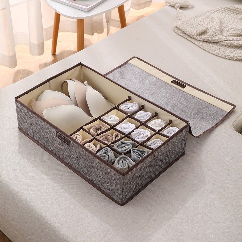 Home cotton and linen underwear storage box sub-format underwear finishing box desktop cosmetics sub-grid covered storage box