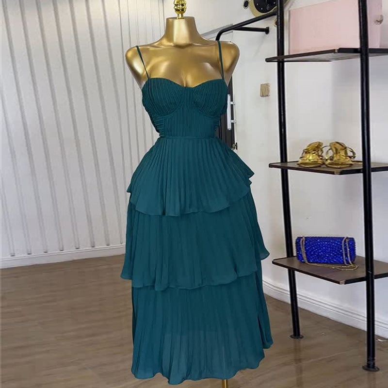 European and american cross-border women's fashion:  autumn new arrival - chic and elegant ruched bandeau slimming green slip dress