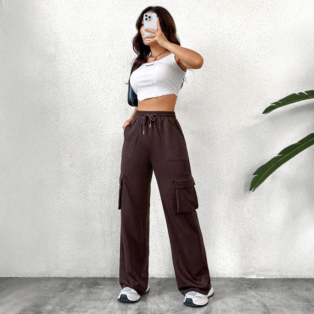 C2-72806# cross-border foreign trade women's fashion ins pure color drawstring elastic waist casual workwear pants