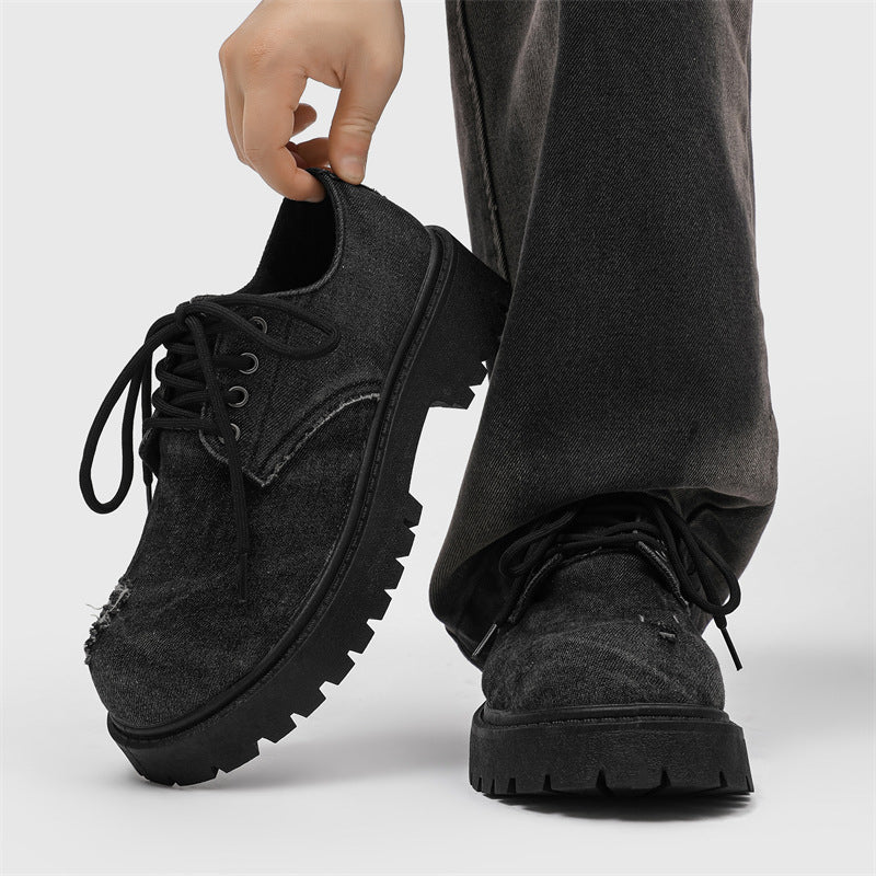 Men's leather shoes springsense of designniche style denim hole derby shoes trendycasualthick sole big toe beggar trendy shoes