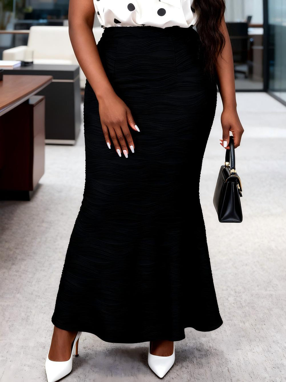 Simple polka dot top & slim-fit bodycon fishtail maxi skirt two-piece set - urban chic