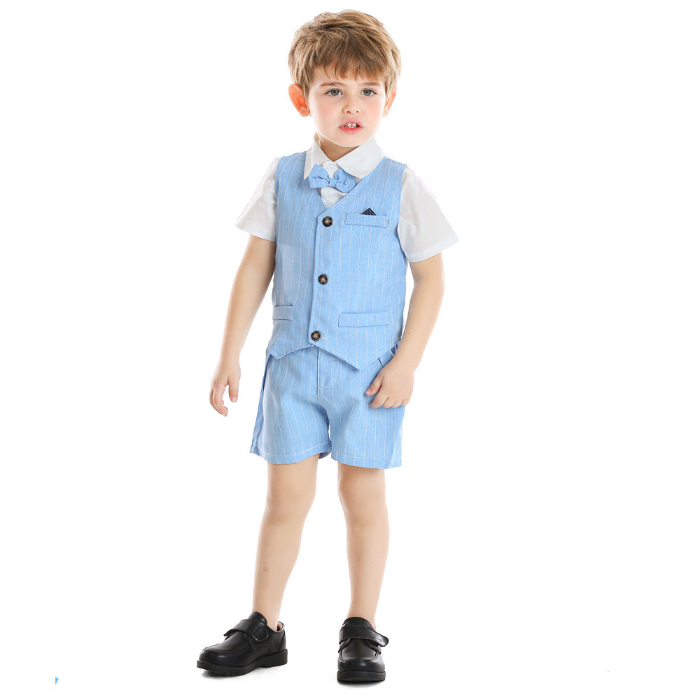 Summer new arrivals: european and american style striped gentleman's short-sleeve bowtie slim-fit suit set - wholesale & dropshipping available