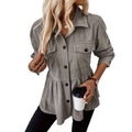 Shipped: women's corduroy ruffle button-down shirt - long sleeve casual top with pockets and ruffled hem