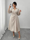 european and american plus size wine red lapel dress - v-neck wrap with twist detail, button closure, and lantern sleeves